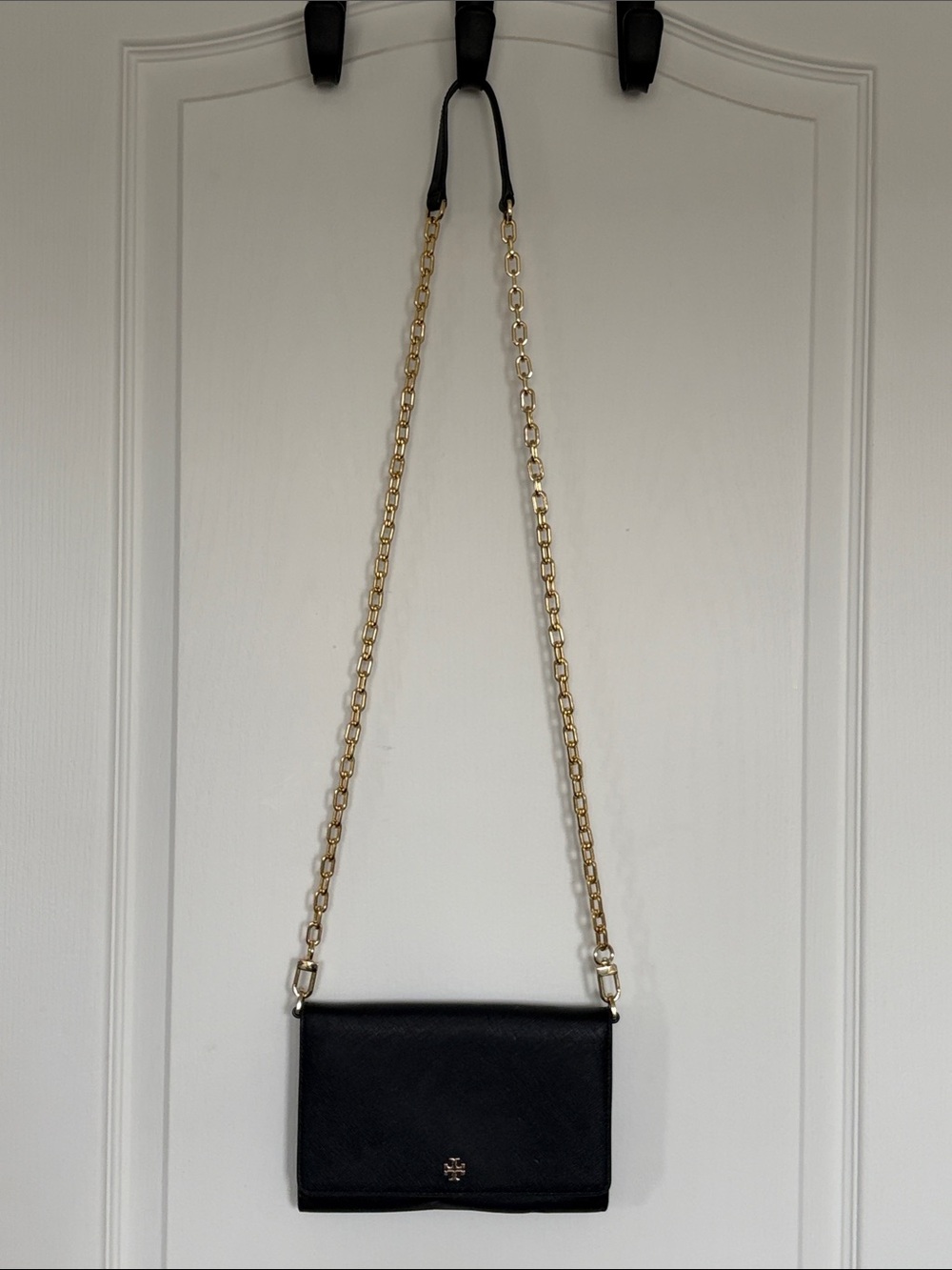 Tory Burch Black Leather Crossbody with Gold Chain
